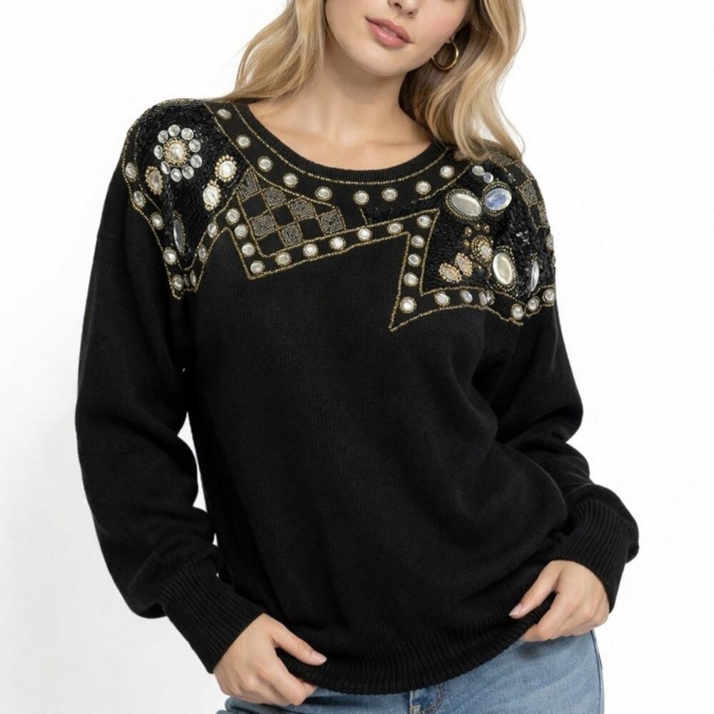 Vintage 80s Lindsey Blake Beaded Jeweled Sweater Black Size M